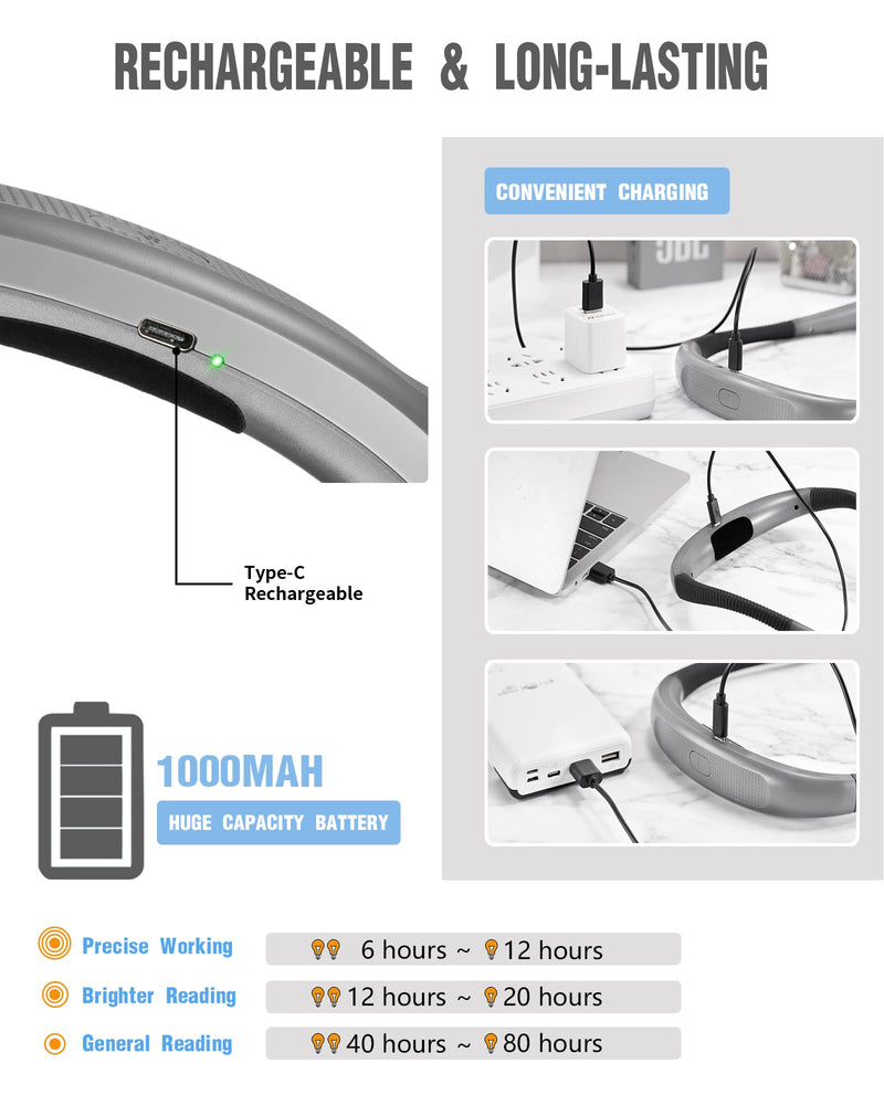 [Australia - AusPower] - Glocusent LED Neck Reading Light, Book Light for Reading in Bed, 3 Colors, 6 Brightness Levels, Bendable Arms, Rechargeable, Long Lasting, Perfect for Reading, Knitting, Camping, Repairing Gray 