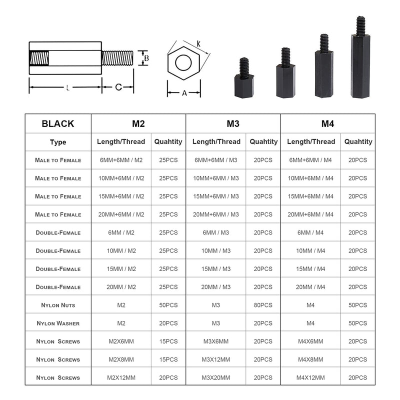 [Australia - AusPower] - LitOrange 320PCS M3 Male Female Nylon Hex Spacer Standoff Screw Nut Threaded Pillar PCB Motherboard Assorted Assortment Kit (Black) 