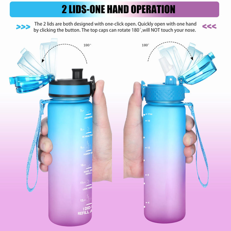 [Australia - AusPower] - Kids Water Bottle with Straw, 17oz Water Bottles Motivational Time Marker with 2 Lids(Straw/Chug) Leakproof Tritran BPA Free Reusable Drinking Bottles for Kids/Adults 500ml(Blue-Purple) Blue-Purple 