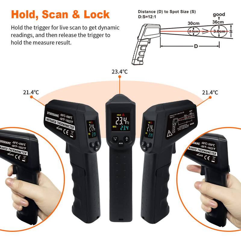 [Australia - AusPower] - AHOSOUTLY Infrared Thermometer Temperature Gun -58℉~ 1022℉ (-50℃ ~ 550℃) Non-Contact Instant-Read Digital Laser Infrared Ir Thermometer with Color Screen (Black) 