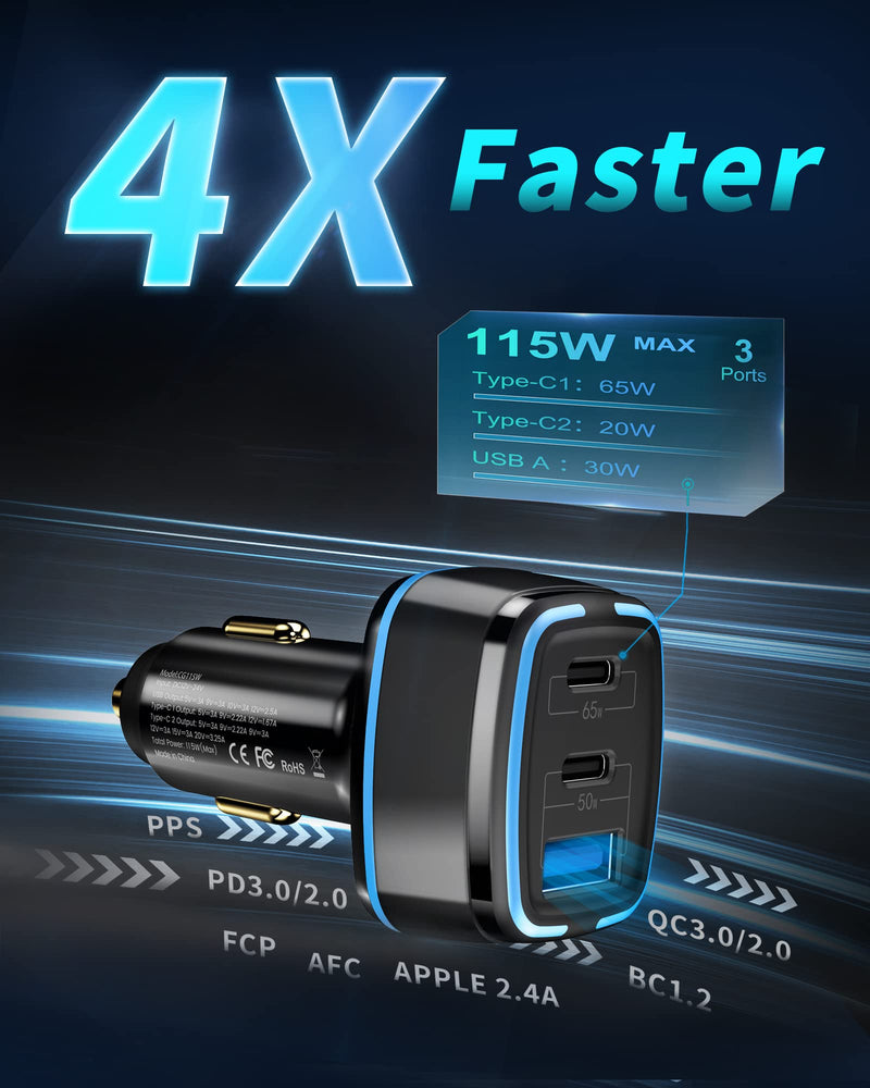 [Australia - AusPower] - 115W USB C Car Charger, JAREES 3-Port USB C USB A Car Charger with Power Delivery PD3.0, 65W 45W 20W USB Car Charger for iPhone 12/13 Pro Max, iPad, Samsung Galaxy S21 