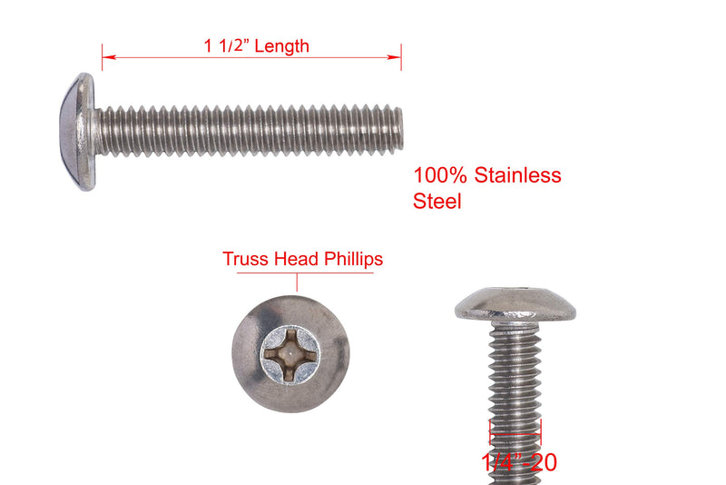 [Australia - AusPower] - 1/4"-20 X 1-1/2" Stainless Phillips Truss Head Machine Screw, (25pc), Coarse Thread, 18-8 (304) Stainless Steel, by Bolt Dropper 1/4"-20 x 1-1/2" 