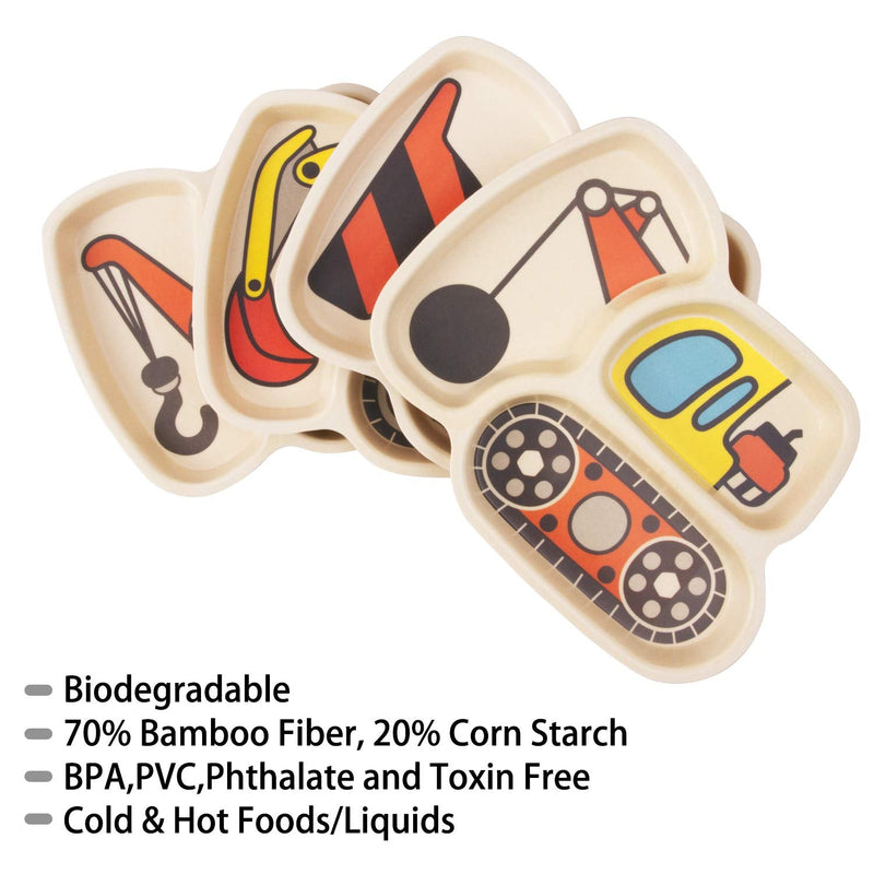 [Australia - AusPower] - Kid Plate Set Bamboo Toddler Plates Dinnerware Dinner Dish Set Baby Feeding Spill Proof Divided Plate - Baby Spoon and fork 3-Piece Set Teaches Child Portion Control Eco-Friendly (excavator/crane) excavator/crane 