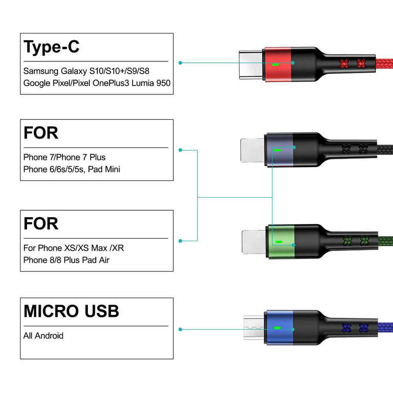 [Australia - AusPower] - 2Pack Multi Charging Cable USAMS Multiple Charger Cord Nylon Braided 10ft/3m 4 in 1 USB Charge Cord with Phone/Type C/Micro USB Connector for Phone/Galaxy S9/S8/S7 and More 