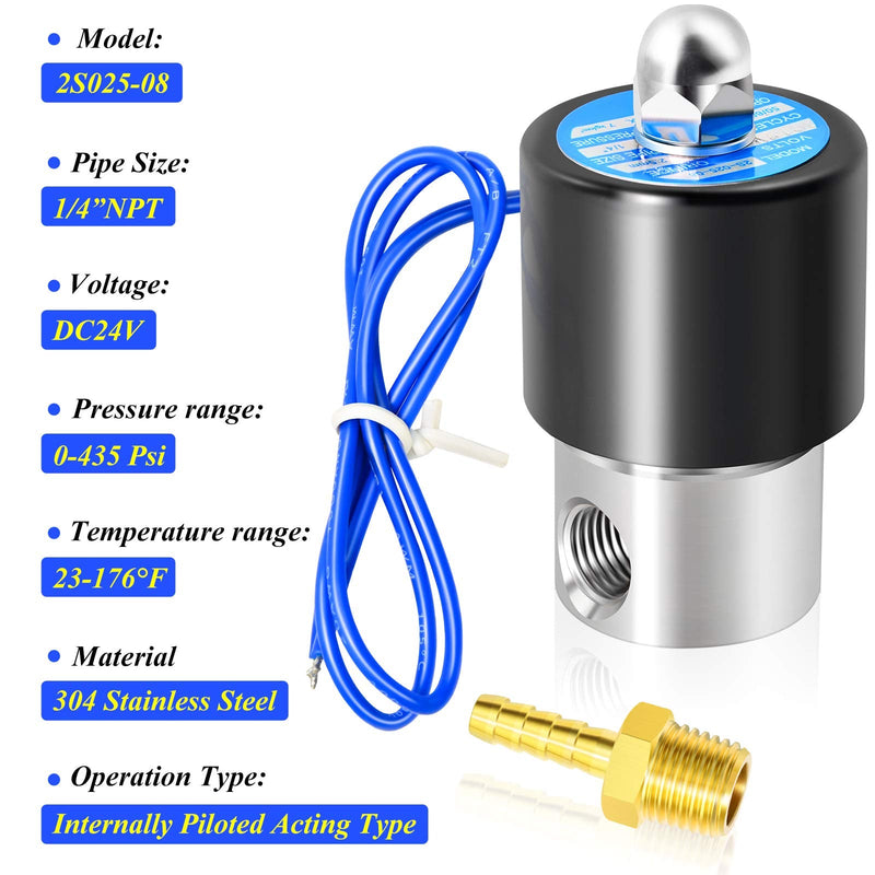 [Australia - AusPower] - TAILONZ PNEUMATIC 1/4 Inch NPT 304 Stainless Steel 12V/24V/110V/220V Electric Solenoid Valve 2S025-08 Normally Closed Water, Air, Diesel(24V) DC24V 1/4" 