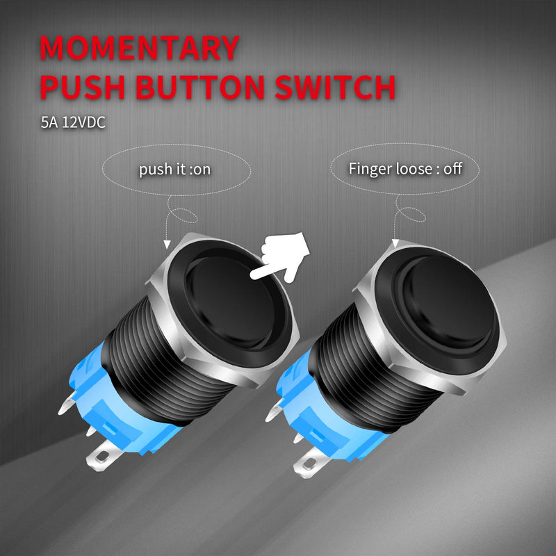 [Australia - AusPower] - DaierTek 12 Volt Momentary Push Button Switch Waterproof Blue LED Light 12V Illuminated 16mm Metal Black Power Start Pushbutton -9 Pack 