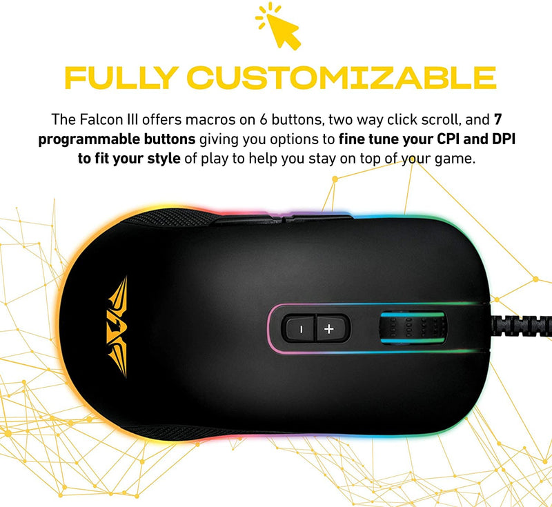 [Australia - AusPower] - Falcon III Compact Wired Gaming Mouse, 10,000 CPI with The 3325 AVAGO Sensor, Lightweight Optical Pro Gaming Computer Mouse, Multi-Color RGB Mouse with 7 Programmable Buttons, Wired Mouse 