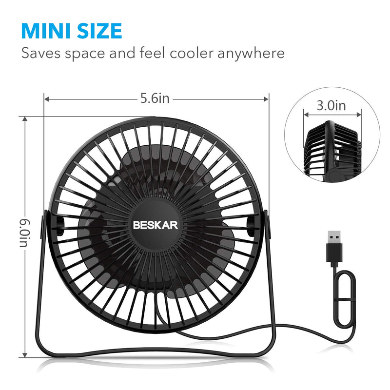 [Australia - AusPower] - BESKAR USB Small Desk Fan - 6 Inch Portable Fans with 3 Speeds Strong Airflow, Quiet Operation and 360°Rotate, Personal Table Fan for Home,Office, Bedroom - 3.9 ft Cord Black 