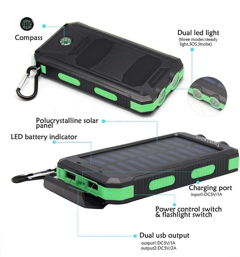 [Australia - AusPower] - Taoxiwave Solar Charger Solar Power Bank 20000mAh Waterproof Portable External Backup Outdoor Cell Phone Battery Charger with Dual LED Flashlights for Compatible with All Smartphone (Black & Green) Black & Green 