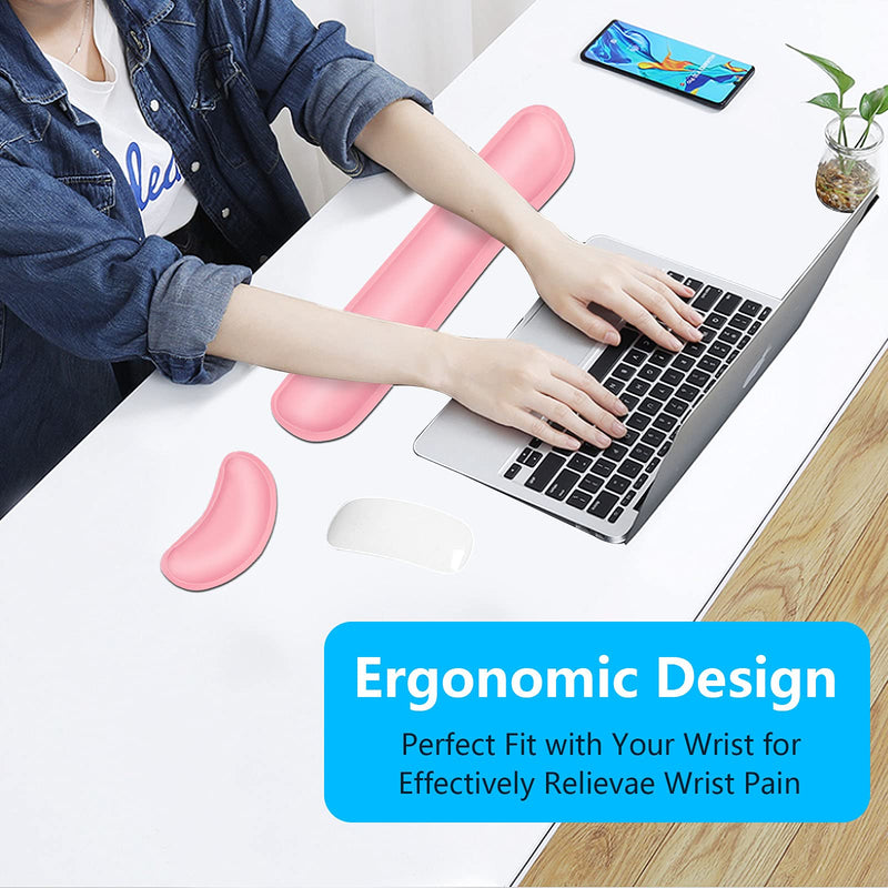[Australia - AusPower] - DAPESUOM Keyboard Wrist Rest Pad, Mouse Wrist Rest Support, Ergonomic Mouse Pad, Upgrade Cleanable PU Leather Keyboard Wrist Pillow Rest Pad, Widened Memory Foam Set, Easy Typing, Pain Relief, Pink 