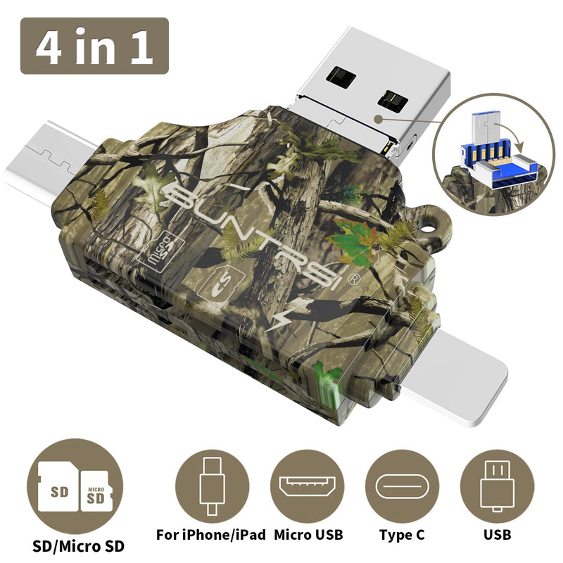 [Australia - AusPower] - SD Card Reader for iPhone ipad Android Mac PC Camera,4 in 1 Memory Card Reader Micro SD Card Reader Portable SD Card Adapter Trail Camera Viewer Compatible with SD and TF Card camo 