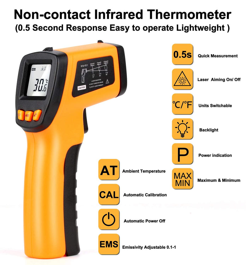 [Australia - AusPower] - Infrared Temp Gun Thermometer, Non-Contact Digital Laser Infrared Thermometer Temperature Gun, Adjustable Emissivity IR Thermometer Heat Temperature Reader Gun (-58°F to 1022°F) -58°F to 1022°F 