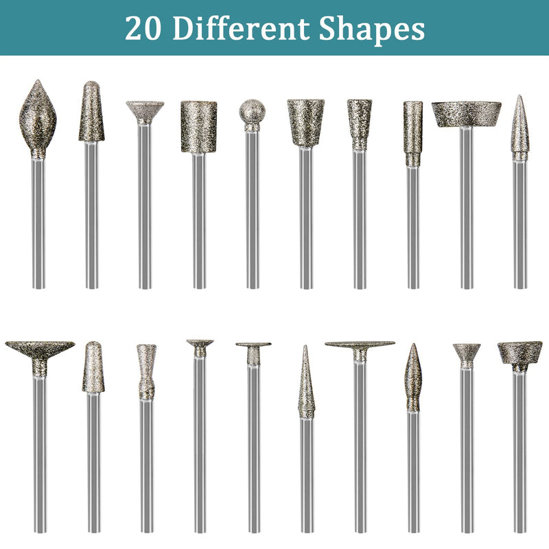 [Australia - AusPower] - Stone Carving Set Diamond Burr Bits Compatible with Dremel, 20PCS Polishing Kits Rotary Tools Accessories with 1/8 Shank For Carving, Engraving, Grinding, Stone, Rocks, Jewelry, Glass, Ceramics 4-16mm burr head 1/8'' shank 