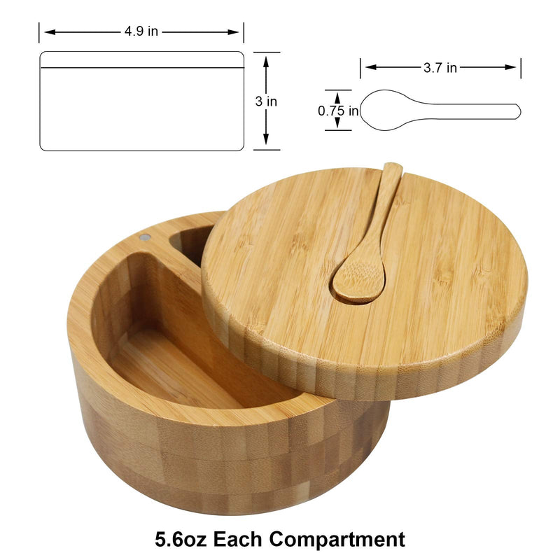 [Australia - AusPower] - Bamboo Salt and Pepper Bowls by HTB, Divided Salt Cellar With Swivel Lid and Spoon, Seasoning Containers With Magnetic Lid to Keep Dry, Mini Spoon Built Into Top, Great When You May Have Messy Hands 