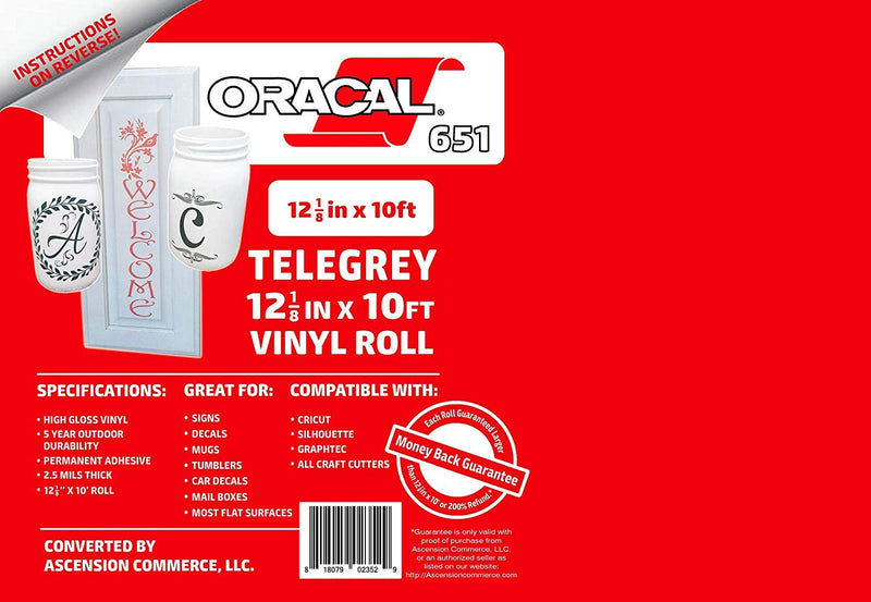 [Australia - AusPower] - 12.125" x 10ft Roll of Oracal 651 Telegrey Craft Vinyl - On a 2.5" Core - Adhesive Vinyl for Cricut, Silhouette, and Cameo Cutters - Gloss Finish - Outdoor and Permanent 12.125" x 10ft 