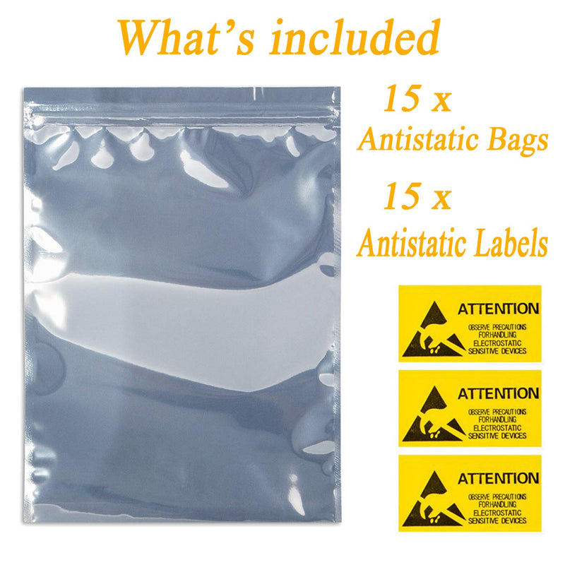 [Australia - AusPower] - KUKUBAGS 15pcs 11x15 inch Anti Static Bag with 15pcs Antistatic Labels, Static Free Bag for Electronics, Large Resealable Non Static Bags for Most of Computer Accessories 