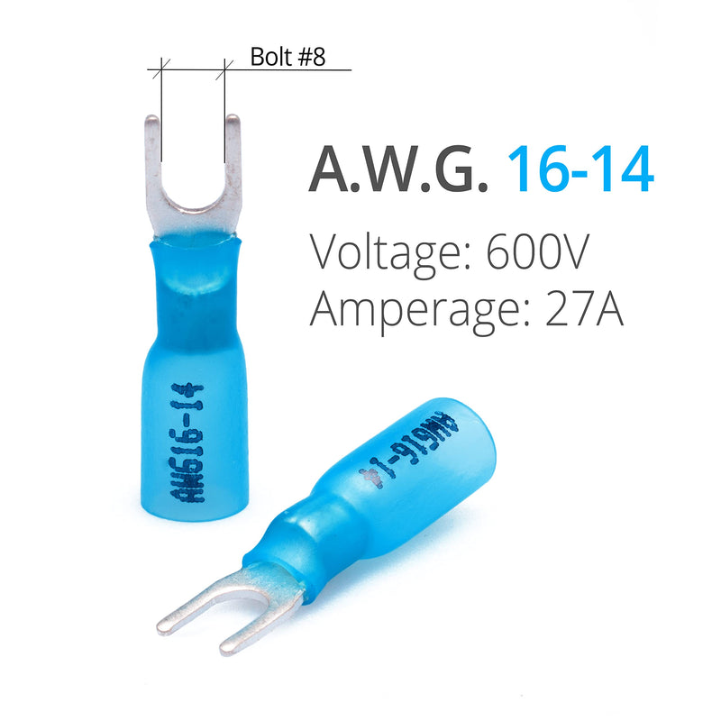 [Australia - AusPower] - Wirefy 130 PCS Heat Shrink Fork Connectors #8 - Marine Grade Fork Terminals - Spade Fork Wire Connectors - Blue 16-14 Gauge Fork #8 