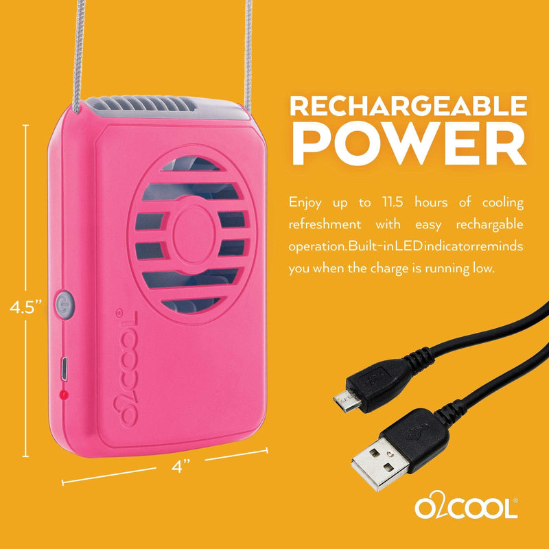 [Australia - AusPower] - O2COOL Rechargeable Necklace Fan - Portable Hanging Neck Fan with Adjustable Lanyard - 3 Speed Vertical Air Flow – Micro USB Charging Cable Included, 2 Pack (Raspberry) Raspberry 