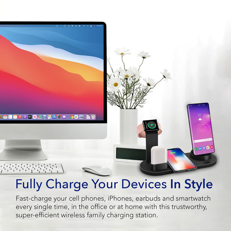 [Australia - AusPower] - Charging Dock Stations - 4-in-1 Wireless Charging Pad, Rotating Plug Multi-Device Charger for Apple iPhone, AirPods, iWatch, Samsung Galaxy S20, and Other Qi-Enabled Devices, Black 