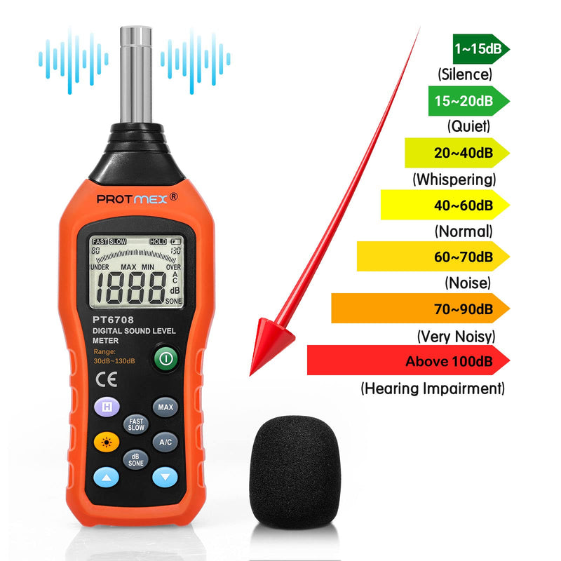 [Australia - AusPower] - Protmex Sound Level Meter, Dual Mode db Meter Decibel Meter Noise Level Meter 30-130dB Measure with Fast/Slow Selection, Backlight, Max and Data Hold Function, A/C Mode PT6708(Batteries Included) 