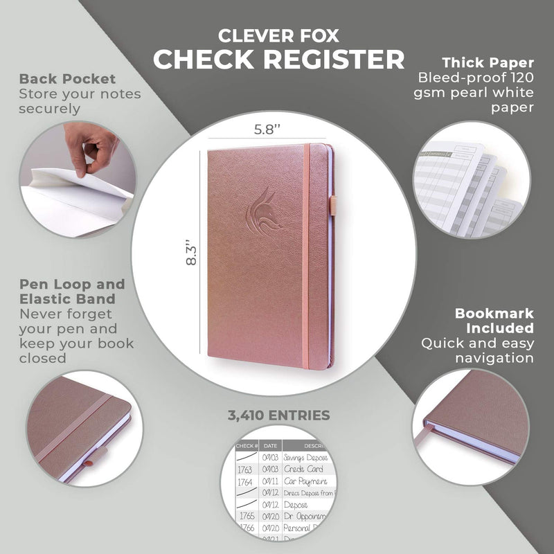 [Australia - AusPower] - Clever Fox Check Register – Deluxe Checkbook Log with Check & Transaction Registers, Bank Account Register Booklets for Personal and Work Use, A5 Hardcover - Rose Gold A5 (5.8'' x 8.3'') 