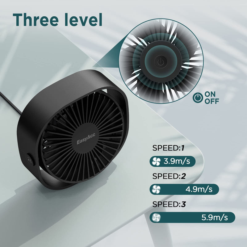 [Australia - AusPower] - EasyAcc USB Desk Fan, 3 Speeds USB Fan [Lower Noise USB Powered ONLY&Powerful Desk Fan] USB Portable Powered Fan, 360°Rotatable Personal Desktop Table Fan Travel Fan for Desk Home Bedroom Office Black 