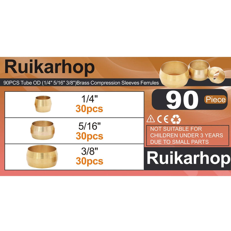 [Australia - AusPower] - Ruikarhop 90PCS Tube OD（1/4" 5/16" 3/8") Brass Compression Sleeves Ferrules,Brass Compression Fitting Assortment Kit 