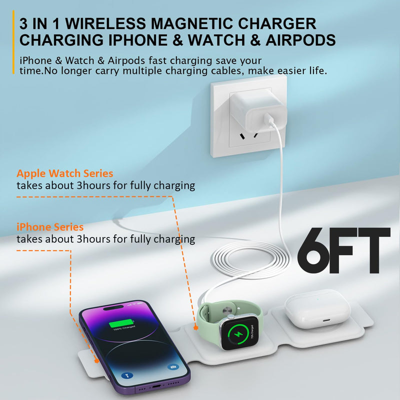 [Australia - AusPower] - Wireless Charger iPhone 3 in 1,6FT【Apple MFi Certified】 Foldable 3 in 1 Wireless Charging Station with 20W USB C Wall Charger Block for iPhone 14/13/12/11/X/Apple Watch/AirPods Pro 6FT 