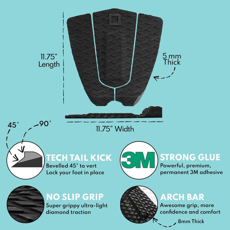 [Australia - AusPower] - Surf Squared 3-Piece Traction Pad | Arch, Flat, or Front | Maximum Grip Stomp or Deck Pad | Easy Install w/Super Strong 3M Adhesive | Fits All Surfboards: Shortboard, Fish, Longboard, & Skimboard 