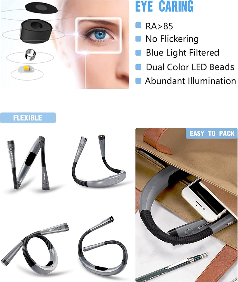 [Australia - AusPower] - Glocusent LED Neck Reading Light, Book Light for Reading in Bed, 3 Colors, 6 Brightness Levels, Bendable Arms, Rechargeable, Long Lasting, Perfect for Reading, Knitting, Camping, Repairing Gray 