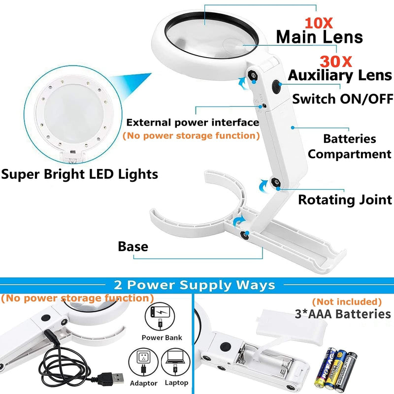 [Australia - AusPower] - 30X 10X Magnifying Glass with Light and Stand, Foldable Handheld Magnifying Glass & 2 Level Dimmable for Close Work, Macular Degeneration, Seniors Reading, Powered by Battery or USB 