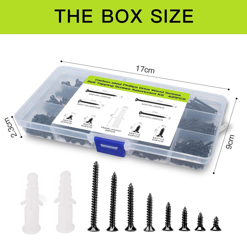 [Australia - AusPower] - M3 Flat Head Wood Screws Assortment Fasteners Kit 420pcs,Phillips Drive Countersunk Head Self-Tapping Screws,Carbon Steel,Contains 20pcs M6 Screw Anchors Black 