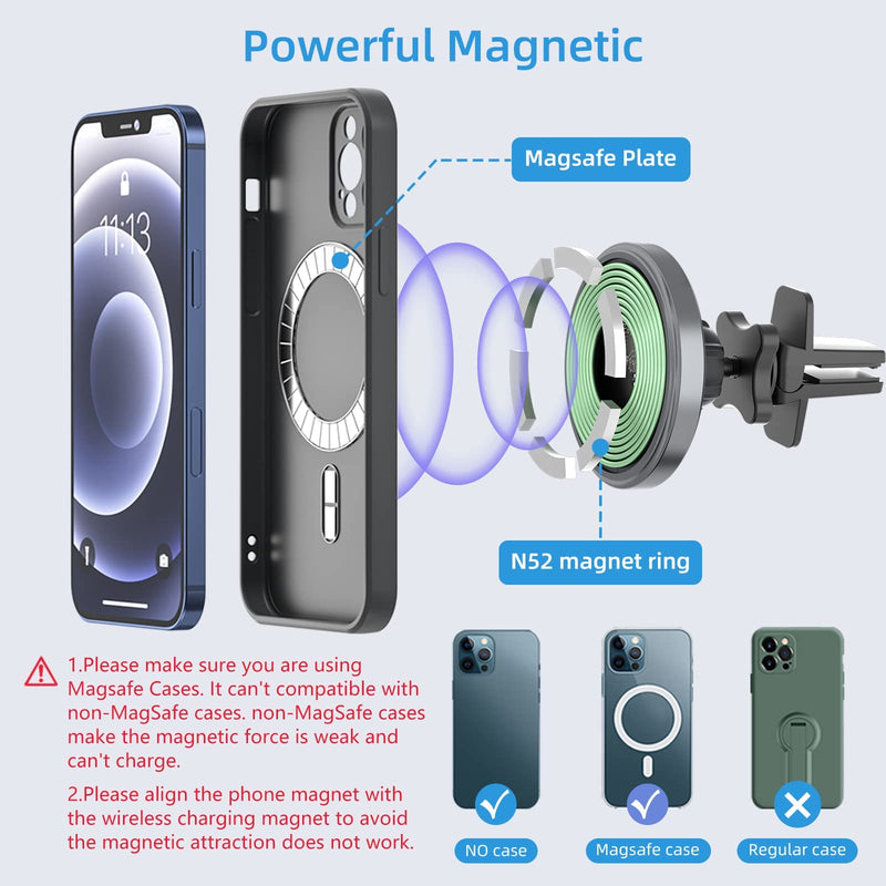 [Australia - AusPower] - Magnetic Wireless Car Charger Compatible with MagSafe Mount Secure Stick On Dashboard and Air Vent Clamp Phone Holder 15W Fast Charging, Specially esigned for iPhone 13/12 Series Phones（Grey） Air Vent Car Charger 