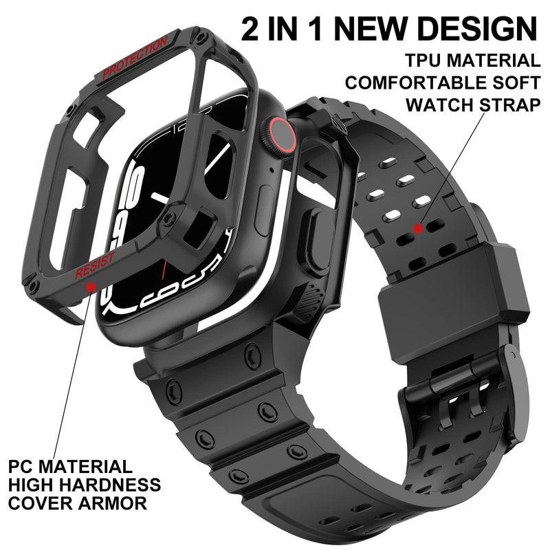 [Australia - AusPower] - Sport Protective Case and Bands Compatible with Apple Watch 38mm 40mm 41mm 42mm 44mm 45mm, Double Color Rugged Full Cover Armor with Strap for iWatch SE Series 7 6 5 4 3 2 1, Men Women Smartwatch Bumper Cases & Straps Black 42/44/45mm 