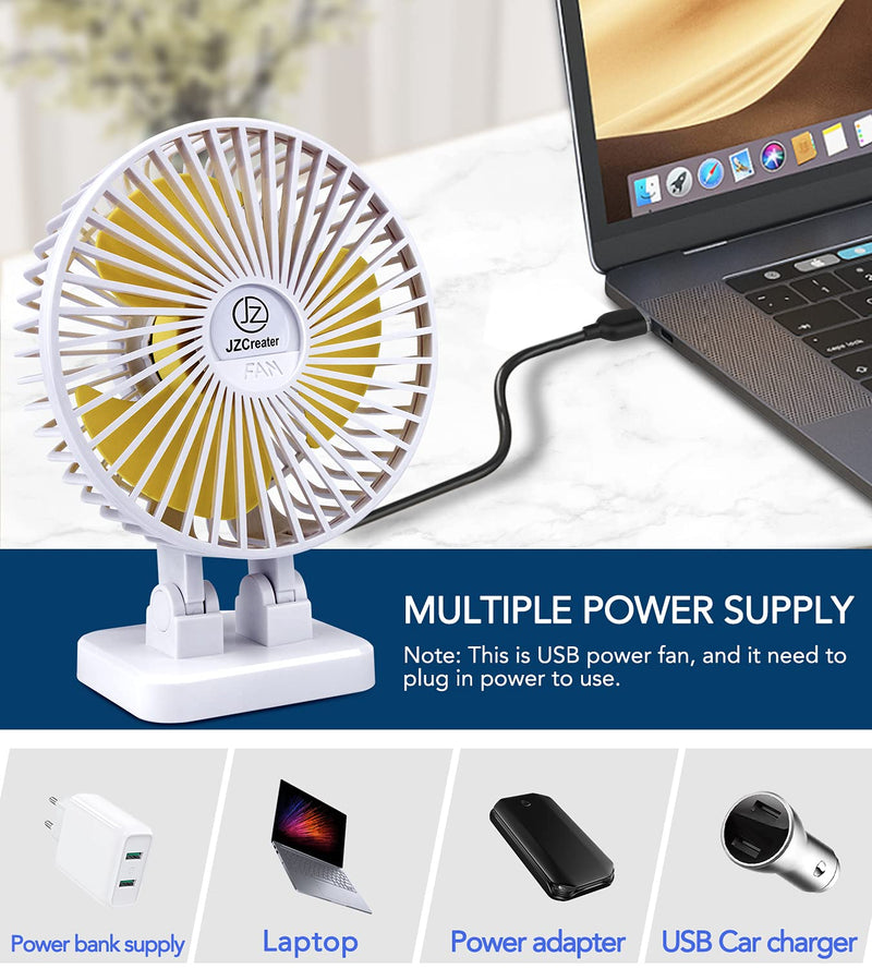 [Australia - AusPower] - JZCreater USB Desk Fan, 5INCH Mini Fan, 3 Speeds Adjustable Desktop Table Cooling Fan in Single Button , Rotation Strong Wind, Quiet Personal Mini Fan for Home Desktop Office Travel,（White） White Yellow 