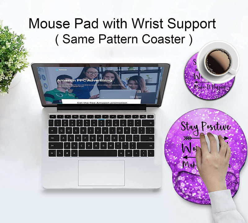[Australia - AusPower] - Mouse Pad with Wrist Support Gel Ergonomic Mouse Pads with Rest Support Mouse Pad for Home Office Working Pain Relief + Coaster, Stay Positive Work Hard and Make It Happen Purple Glitter Yu-mouse Pad-2-h24 