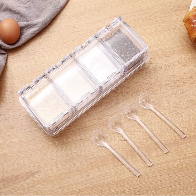 [Australia - AusPower] - 4 Compartment Clear Seasoning Box, Condiment Storage Container for Spice Salt Sugar, Cruet Jars with Spoons and Base Tray 