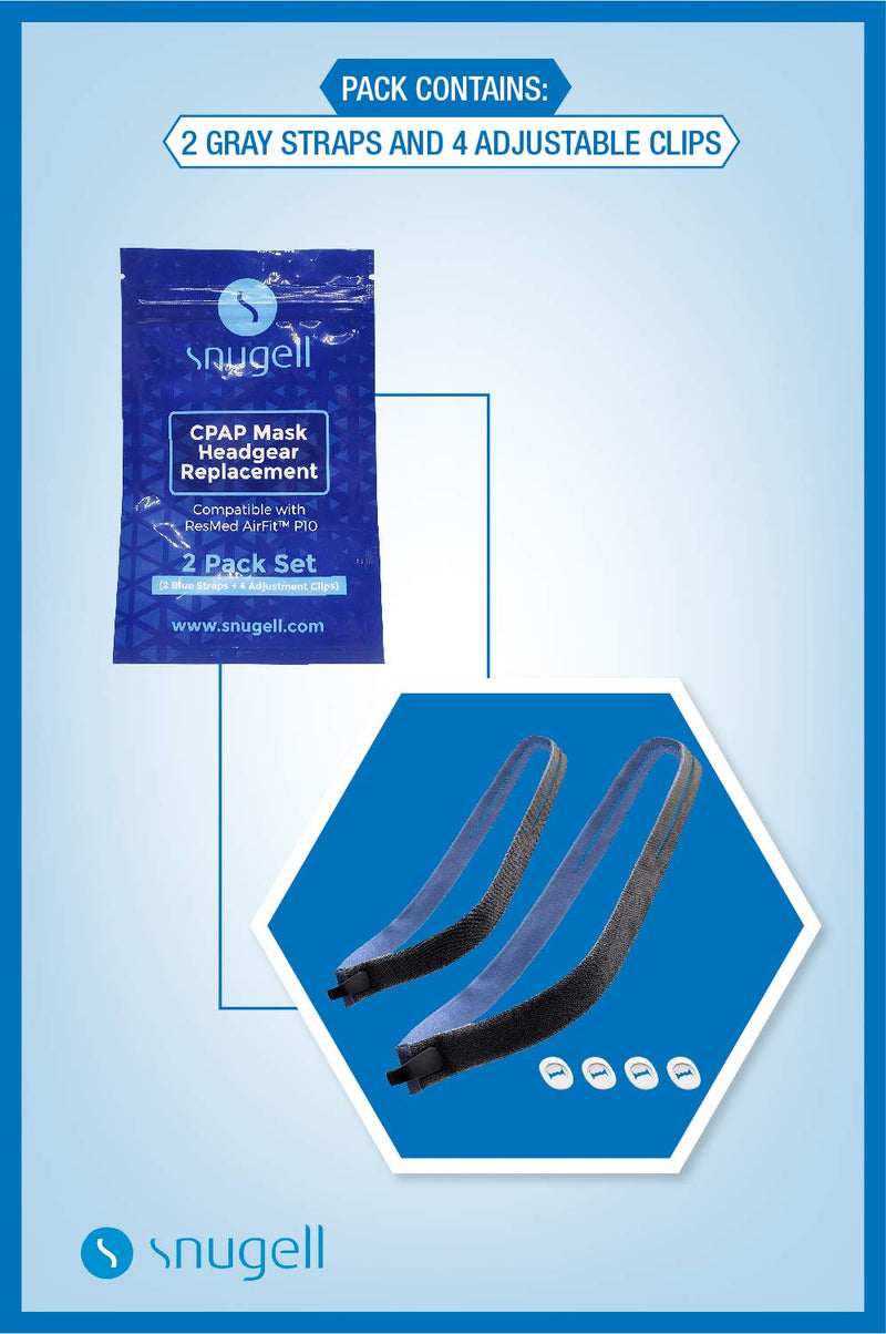 [Australia - AusPower] - Headgear Strap Replacement for ResMed AirFit P10™ Nasal Pillow CPAP Mask by Snugell™ | Blue Color | Pack of Two Straps | Includes Four Adjustment Clips | Durable Premium Material 