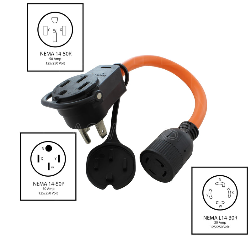 [Australia - AusPower] - AC WORKS 50-Amp RV/Range/Generator 14-50 Piggy-Back Plug Adapter (to 4-Prong 30A Locking) 
