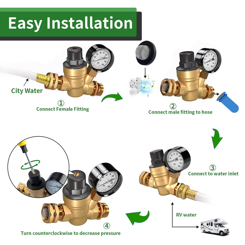 [Australia - AusPower] - RVGUARD RV Water Pressure Regulator Valve, Brass Lead-Free Adjustable Water Pressure Reducer with Gauge and Inlet Screen Filter for RV Camper Travel Trailer 