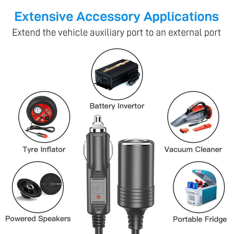 [Australia - AusPower] - Car Charger Extension 5M Cable - Extra Long Cable 5.0 Metre with Female Inline Socket Connector Suitable to Power Tyre Inflators Vacuum Cleaners and Other Portable Equipment Durable Power Supply Lead. 