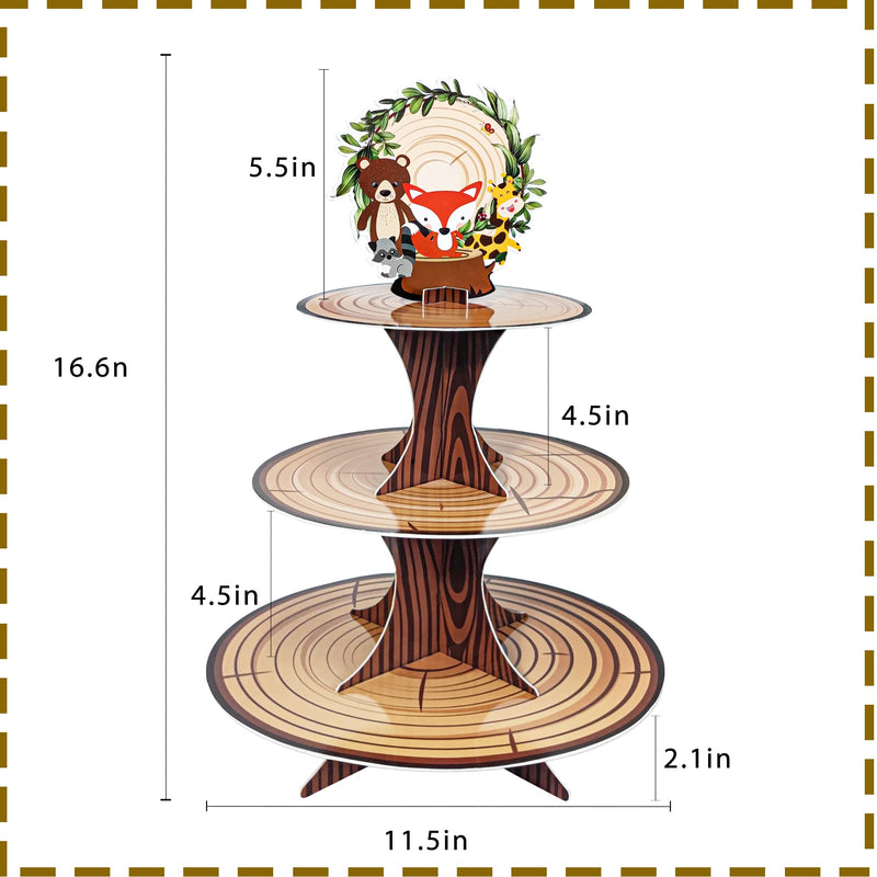 [Australia - AusPower] - 3 Tier Woodland Cupcake Stand, Woodland Baby Shower Decorations Jungle Animal Cupcake Tower for Wild One Boys Girls Woodland Forest Birthday Party Decor Supplies 