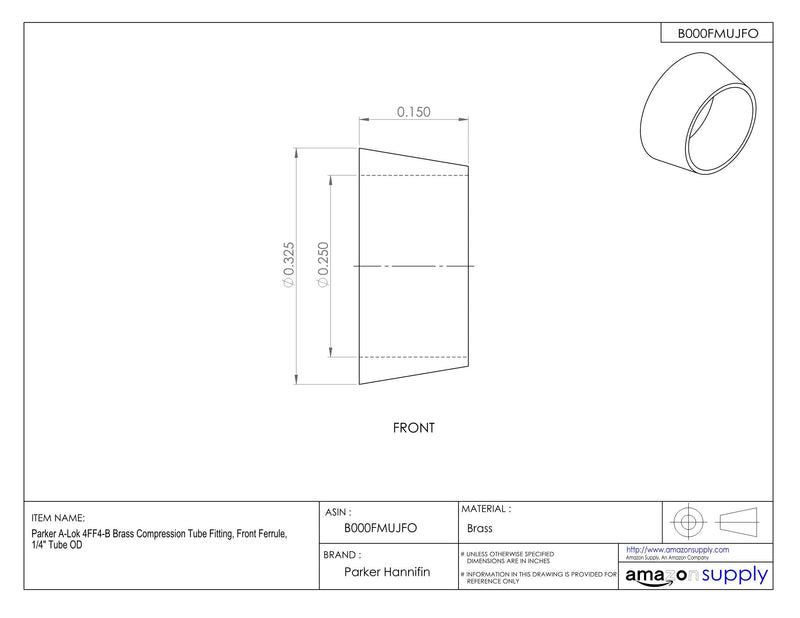 [Australia - AusPower] - Parker A-Lok 4FF4-B Brass Compression Tube Fitting, Front Ferrule, 1/4" Tube OD 0.25 Inch 