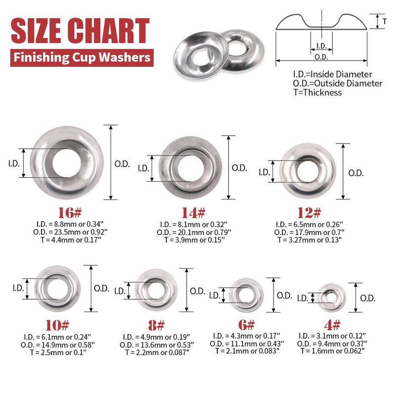 [Australia - AusPower] - Hilitchi 295-Pcs [#4 - #16] Finishing Cup Countersunk Washer Assortment Set - 304 Stainless Steel 