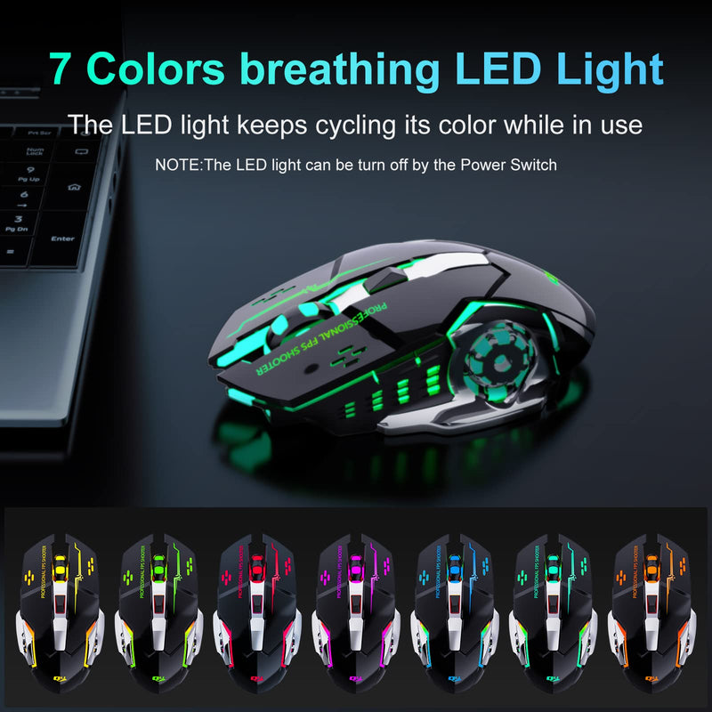 [Australia - AusPower] - QELIROKY QV13 New 2.4G Wireless Rechargeable Gaming Mouse Silent Click with 6 Buttons, 3 Adjustable Levels DPI , Colorful LED Lights for Laptop, iPad, MacOS, PC, Windows, Android (Black) 