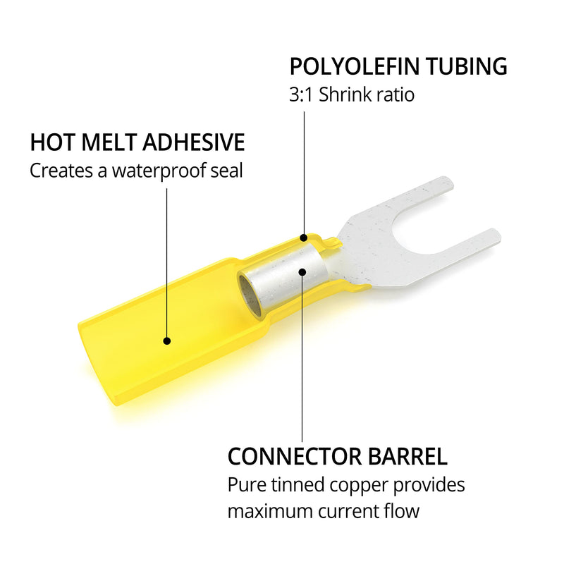 [Australia - AusPower] - Wirefy 90 PCS Heat Shrink Fork Connectors #8 - Marine Grade Fork Terminals - Spade Fork Wire Connectors - Yellow 12-10 Gauge Fork #8 