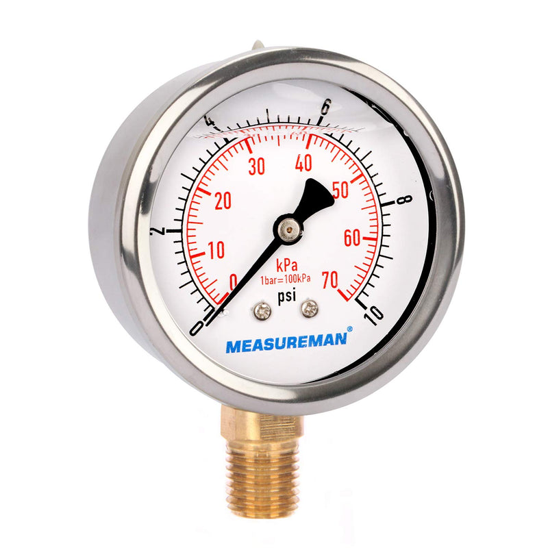 [Australia - AusPower] - MEASUREMAN 2-1/2" dial, 1/4"NPT Lower, Glycerin Filled, Stainless Steel case, Brass Inside, 0-10psi/kpa 0-10 psi Lower Mount 