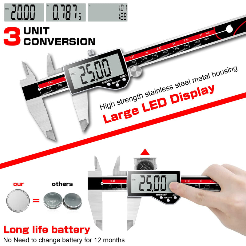 [Australia - AusPower] - Digital Caliper Electronic Caliper Measuring Tool Precision Digital Vernier Caliper Inch/Millimeter/Fraction Measurement Micrometer for Jewelry - Metal Metric Measure Caliper for Engineer Carpenter digital caliper-F 