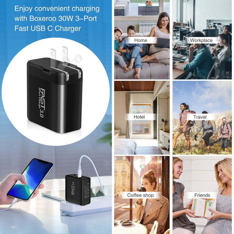 [Australia - AusPower] - 3Pack USB C Charger,30W Boxeroo 3-Ports with PD Power Adapter+2.4A Quick Charging 3.0 Wall Charger Foldable Block Plug for iPhone 12/11 /Pro Max, XS/XR/X, Pad Pro, Samsung Galaxy, More (Black) 