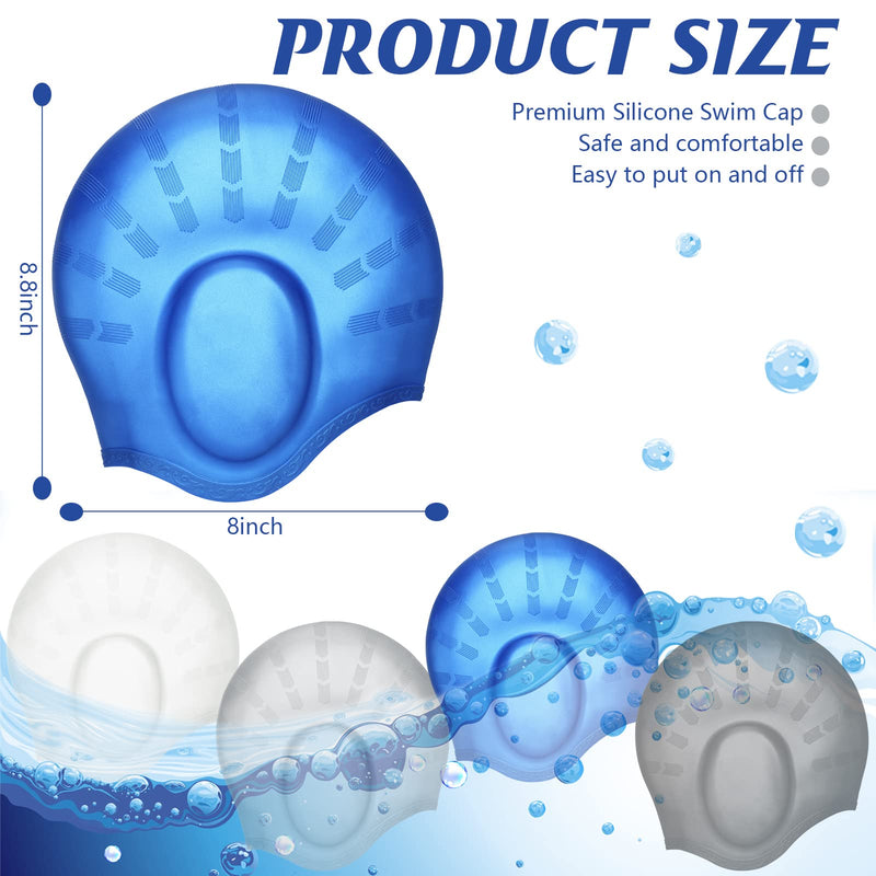 [Australia - AusPower] - 4 Pack Silicone Swimming Cap with 3D Ear Protection Cap Waterproof Bathing Solid Swimming Cap Swimming Unisex Bathing Swimming Hat for Kids Women Men Adults Child Youth Teen Long Hair, 4 Colors 